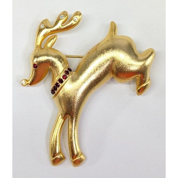 Vintage FLP Matte Gold Tone Glass Rhinestone Reindeer Christmas Brooch Pin - Picture 4 of 6